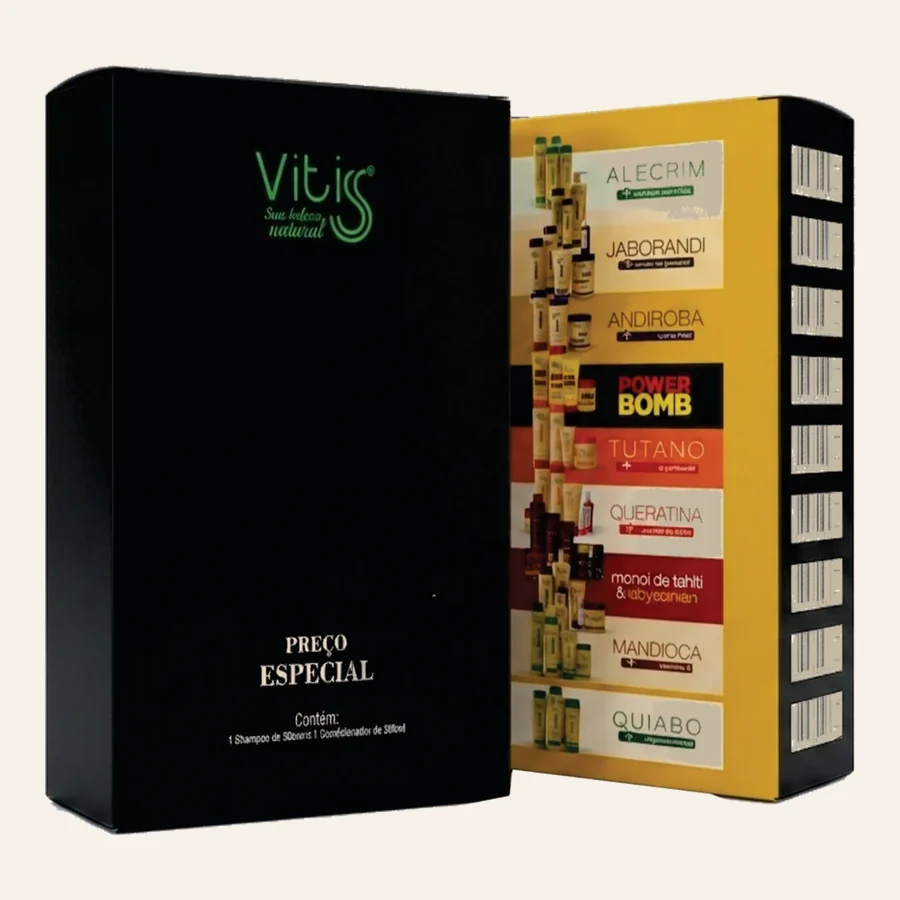 Caixa expositora de cosméticos da Vitiss, com abertura que mostra a linha por dentro